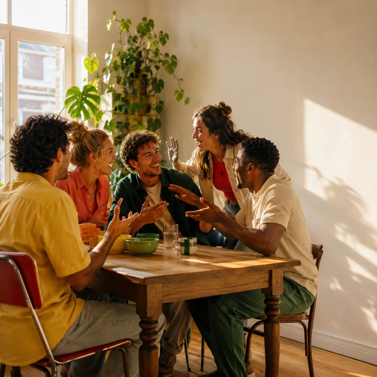 Vijf vrienden aan een houten tafel in een zonnige kamer, druk pratend en lachend.