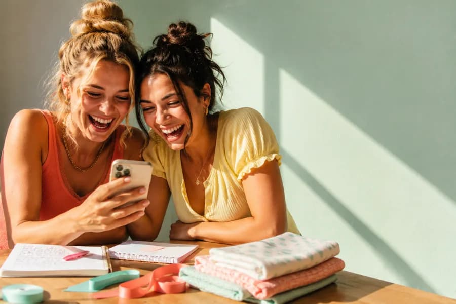 Twee vrouwen aan een tafel met babykleertjes, samen kijkend op een telefoon.
